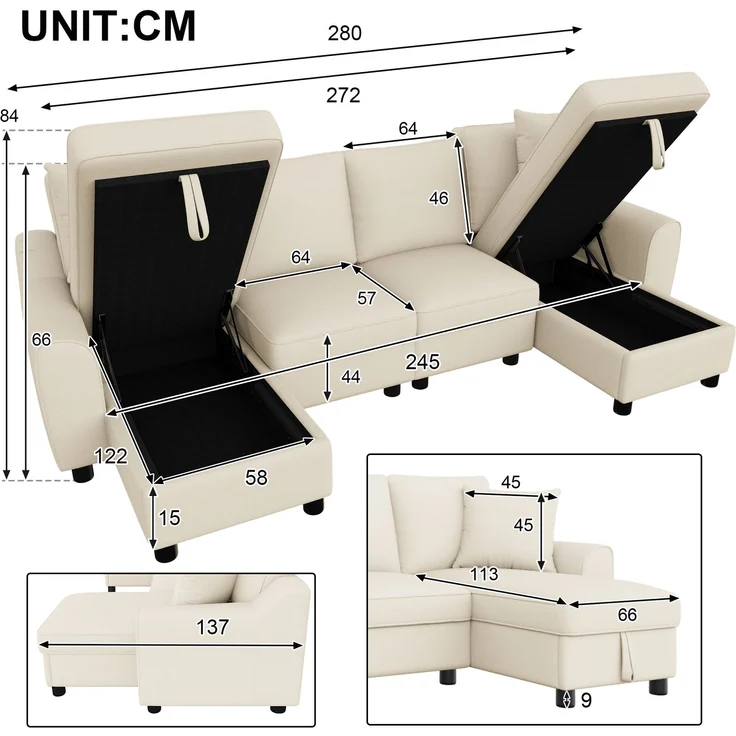 U-life Modernes Chenille U-Form 280x137 cm, fürs Wohnzimmer, 2-Sitzer, Zwei Kissen, Chaiselongues, Großzügig, Chenille, Beige – Bild 2