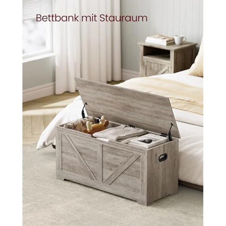 VASAGLE Schuhbank, Sitzbank mit Stauraum, Sitztruhe, 2 Sicherheitsscharniere, Aufbewahrungsschrank, Landhausstil, 40 x 100 x 46 cm, für Flur, Schlafzimmer, Wohnzimmer, Greige meliert LSB060K03 – Bild 5