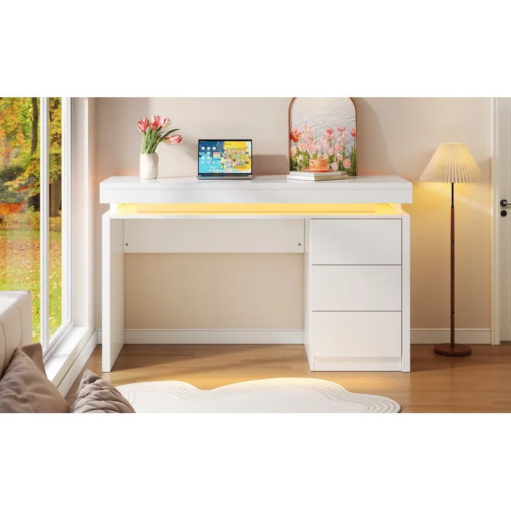 ZUBALIYA Moderner LED-Schreibtisch 120×50×78,5 cm – Computertisch mit drei Schubladen, verlängerter und verbreiterter Arbeitsfläche, verstärkten Beinen, einstellbarer LED-Beleuchtung, geeignet für Homeoffice – Bild 13