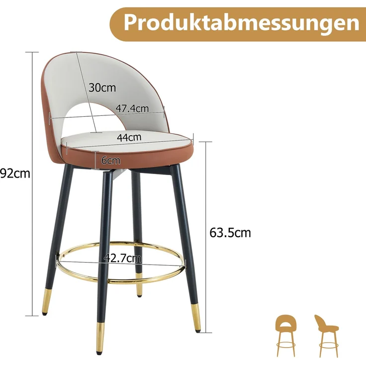 Barhocker H 92 x T 47.4 x B 44 cm aus PU-Leder und Metall, 360° drehbar, 2er-Set – Bild 5