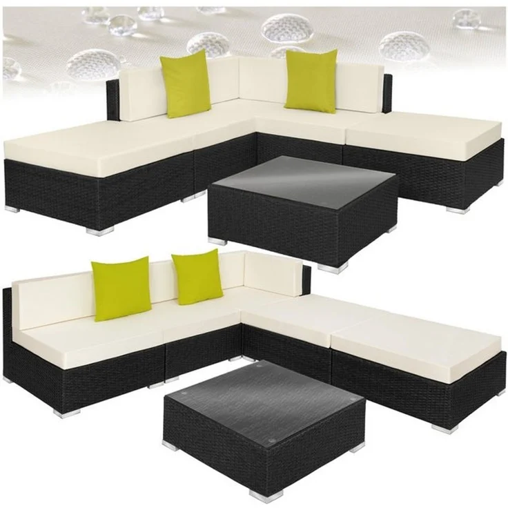 tectake Loungeset Rattan Sitzgruppe mit Sicherheitsglasplatte, 2 extra Kissen, (Gartenlounge-set Paris, 6-tlg, geeignet für Outdoor in Schwarz), wetterfest und UV-beständig, Dicke der Polster 10 cm – Bild 4