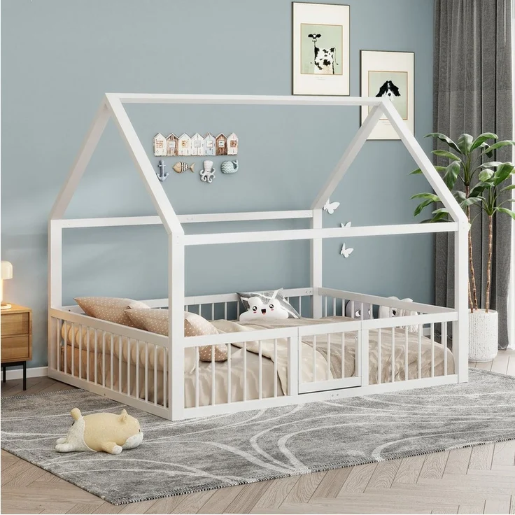 Flieks Kinderbett, Hausbett Metallbett Doppelbett 140x200cm mit Lattenrost, Tür und Zaun – Bild 3