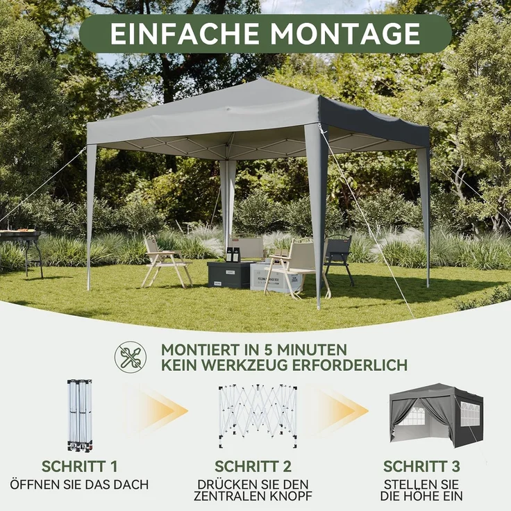 Aoxun Pop Up Pavillon 3x3 Wasserdicht mit 4 Seitenwänden, Metallrahmen-Schutzzelt, Höhe Verstellbar, 3mx3m Faltpavillon mit Tragetasche für Camping Party, Grau – Bild 7