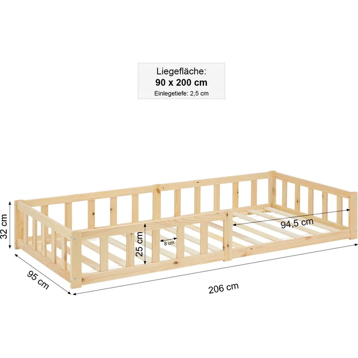 Kinderbett 90x200 Bodenbett mit Rausfallschutz Montessori Bett Kleinkindbett Holz Kiefer Natur Massiv Einzelbett Lattenrost Bettgestell – Bild 3