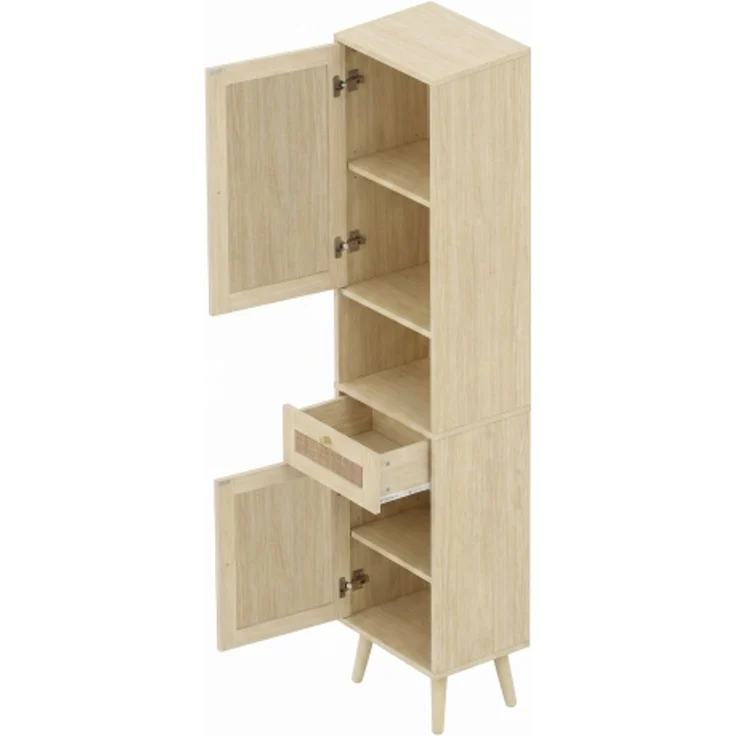 Flieks Badezimmer-Hochschrank 40x30x166 cm, Badschrank aus MDF in Naturholzfarbe mit Rattan-Türen, Schublade, Soft-Close & wendbarer Montage – Bild 6