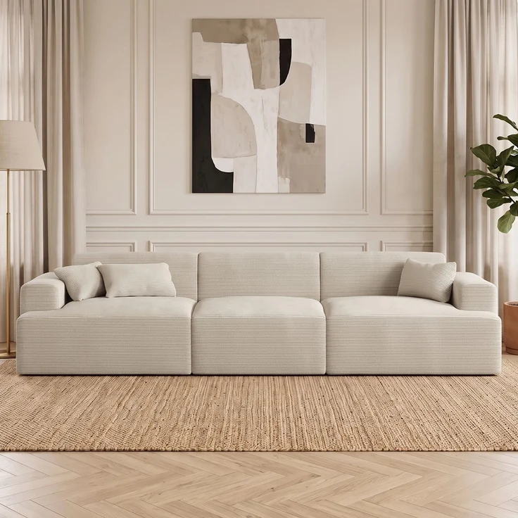skølm 'Freki' Cloud Sofa 3 Sitzer, Vollschaumcouch mit Federkern und Vakuum-Kompression, kein Aufbau erforderlich, mit 3 Kissen, Cord beige – Bild 1