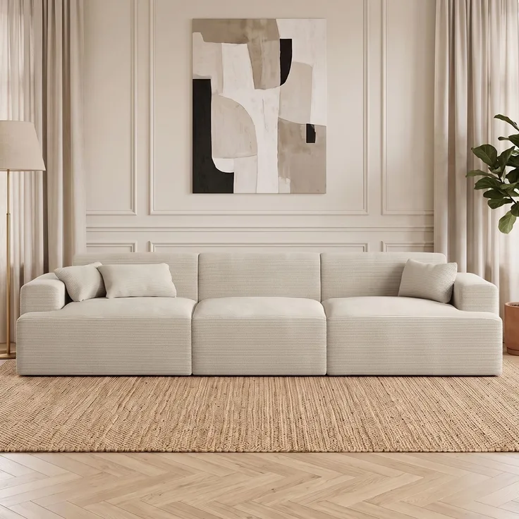 skølm 'Freki' Cloud Sofa 3 Sitzer, Vollschaumcouch mit Federkern und Vakuum-Kompression, kein Aufbau erforderlich, mit 3 Kissen, Cord beige