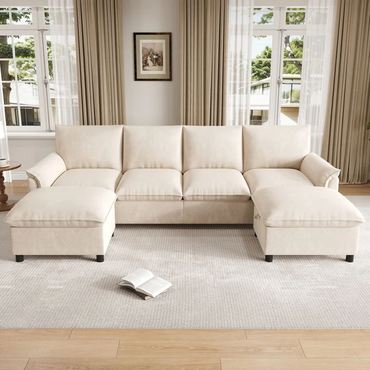 Merax U-förmiges modulares Sofa, bequemes Ecksofa mit Deep-Seat-Design, mit 2 beweglichen Fußhockern, hohe Rückenlehne, Chenille, Beige, B264.5/D142.5/H84 – Bild 2