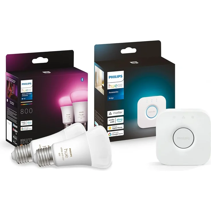 Philips Hue White and Col. Amb. LED E27 Lampen mit Hue Bridge Steuerungszentrale, 2-er Pack, 800lm, 16 Mio. Farben und Weißtöne, Steuerung per App, Schaltern, Sprache