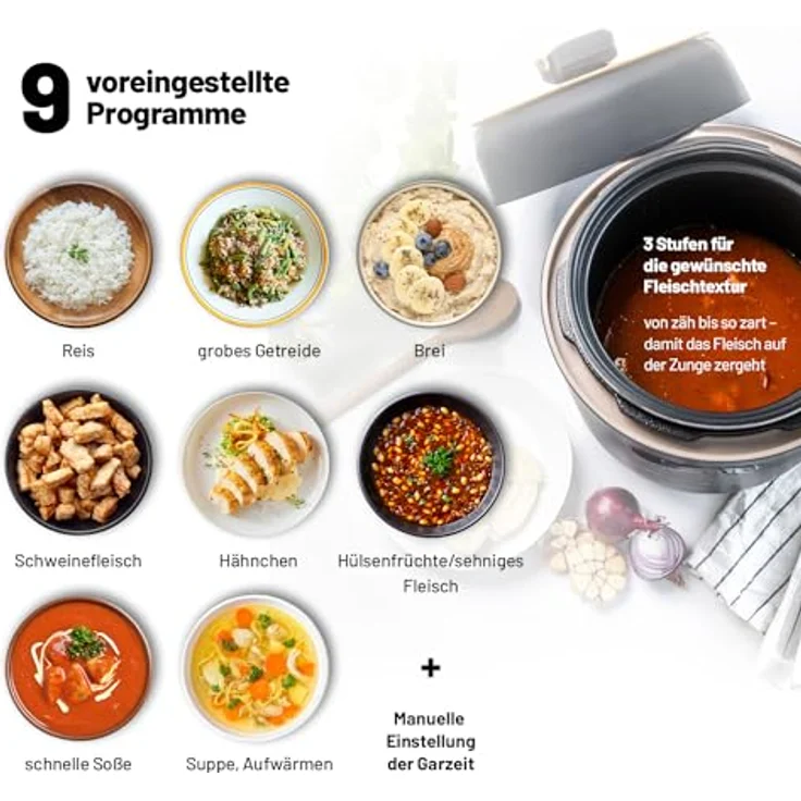 Lauben Schnellkochtopf 5000AT Electric Pressure Cooker, 5 l Fassungsvermögen, 9 Programme Multikocher, inkl. Kochbuch, manuelle Einstellung, Einhandventilsteuerung, Warmhalten – Bild 4