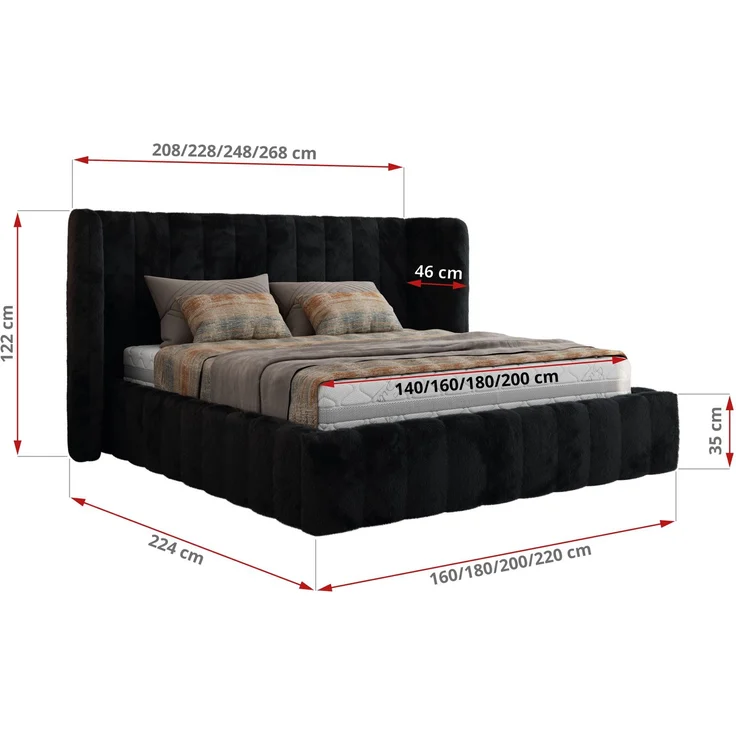 Polsterbett GOLETTA CLASSIC 160 x 200 cm mit gepolstertem Kopfteil, stabilem Bettrahmen, Lattenrost und Bettkasten mit Gasdruckfedern, Doppelbett, zeitloses Design - Schwarz Plüsch – Bild 6