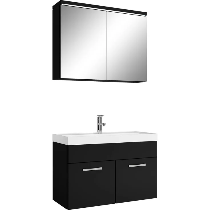 Badplaats Badmöbel Komplettset Paso 02 80 x 40 cm Schwarz Matt - Badezimmermöbel mit Waschbecken und Spiegelschrank – Bild 1