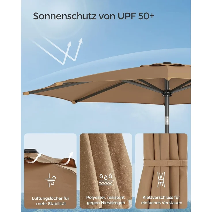 SONGMICS Sonnenschirm 300 cm, UPF 50+, Strandschirm, beidseitig um 30° knickbar, Sonnenschutz, mit Kurbel zum Öffnen/Schließen, für Terrasse, Balkon, Pool, ohne Ständer, taupe GPU30BRV1 – Bild 5