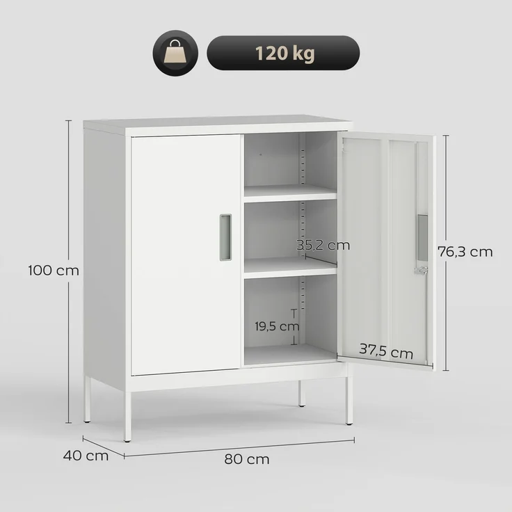 Verschließbarer Stahlschrank mit 2 Türen, Büroschrank, verstellbare Regale, für Homeoffice, Wohnzimmer, Garage, Weiß--Weiß--100x40x80cm--YOUDENOVA – Bild 5