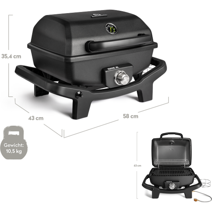BURNHARD® 1-Brenner Gasgrill WAYNE JR. 3,6 kW – Tragbarer Balkongrill - Tischgasgrill mit Aludruckguss Brennkammer, Gusseisen Grillroste inkl. Abdeckhaube und Gasflaschen Adapter - Schwarz - #946830 – Bild 3