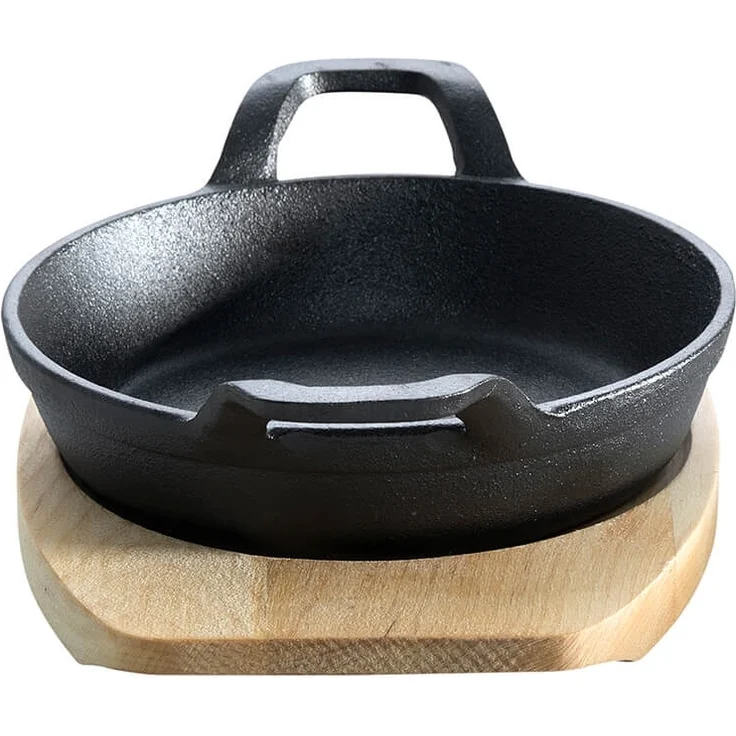 Gusseisenkuss® Pfanne mit Holzuntersetzer, Gusseisen schwarz, Ø 15 cm, Rund mit Griffen – Bild 5