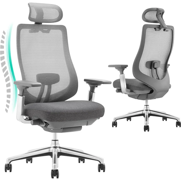 COLAMY XK Atlas Ergonomischer Bürostuhl, Netz-Chefsessel mit verstellbarem Kopfstütze, Computer Schreibtischstuhl Drehstuhl mit 4D-Armlehnen, Aluminium Basis/Schiebesitz/Neigungssperre, Dunkelgrau