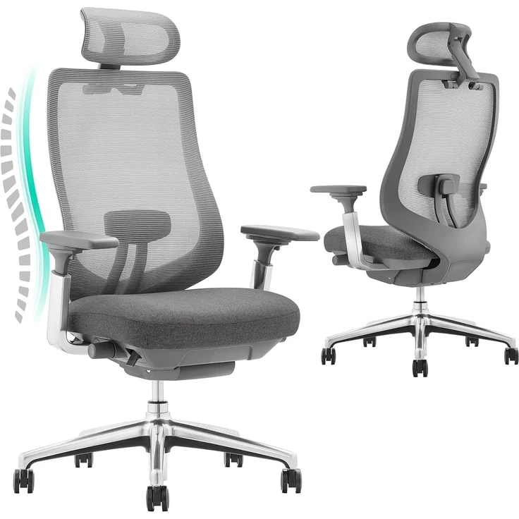 COLAMY XK Atlas Ergonomischer Bürostuhl, Netz-Chefsessel mit verstellbarem Kopfstütze, Computer Schreibtischstuhl Drehstuhl mit 4D-Armlehnen, Aluminium Basis/Schiebesitz/Neigungssperre, Dunkelgrau