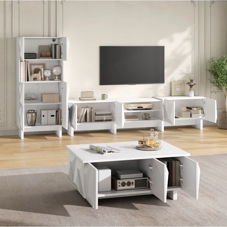 DESVIAE Fernsehschrank Wohnzimmermöbel-Set 3-tlg. Weiß aus Spanplatte – 180x44,5x34 cm – 3D-Front, Stauraum