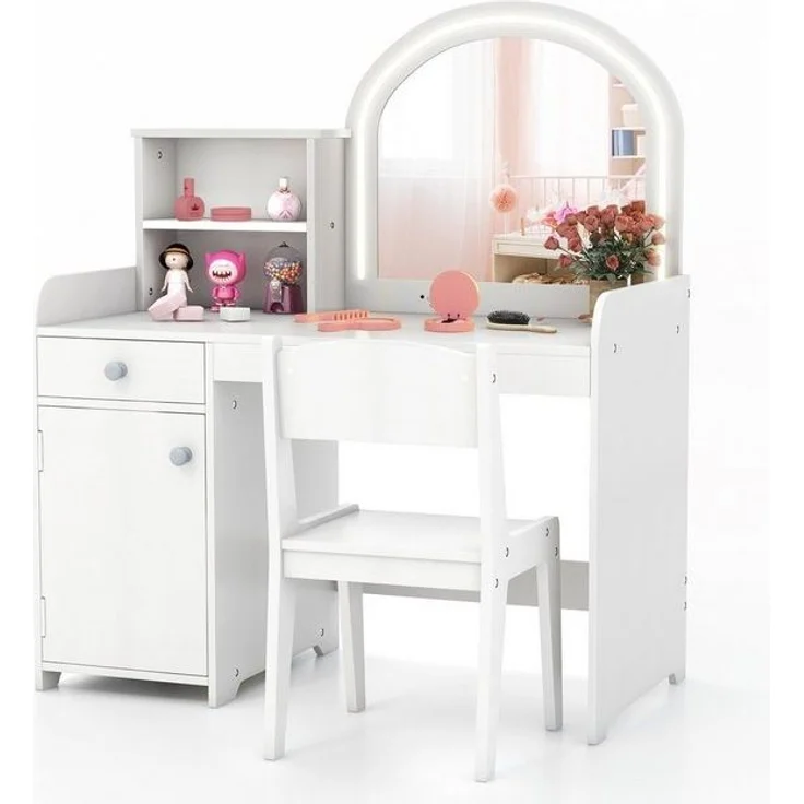 COSTWAY Schminktisch Kidner, mit Stuhl & LED Spiegel & Schublade, ab 3 Jahre – Bild 4