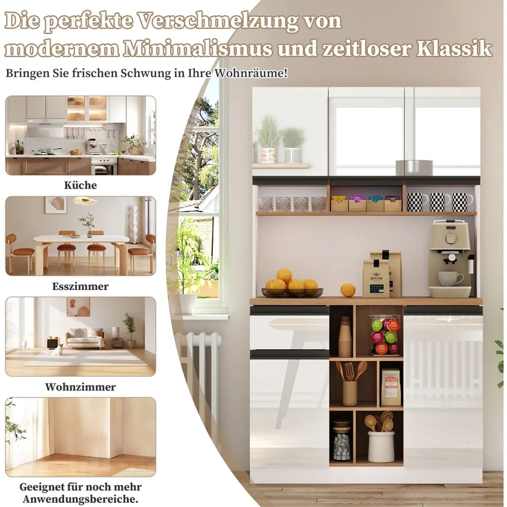 105×45×185 cm,weißer moderner Küchenschrank,Buffet,Sideboard,Hochglanztüren,Metallgriffe,verstellbare Regale,Schubladen,offener Stauraum,Kippschutz,geeignet für Küche,Esszimmer und Wohnzimmer – Bild 5