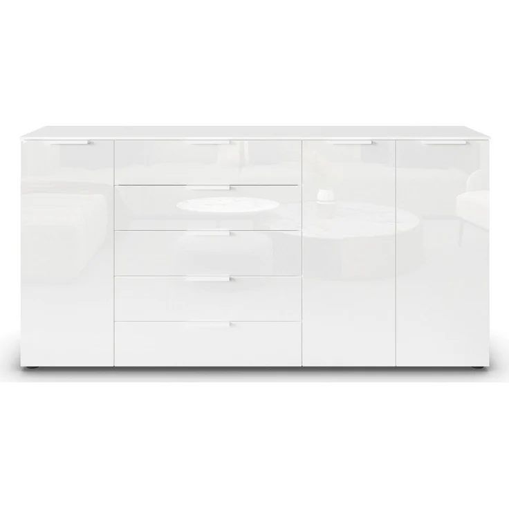 Rauch Möbel Flipp, Kombikommode, Kommode mit Stauraum für Wohnzimmer, Schlafzimmer, Flur, 4 Fachböden, Alpinweiß/Glasfront Weiß, 3-türig, Glastüren, 5 Schubkästen, Griffe weiß, 199 x 100 x 42 cm – Bild 1