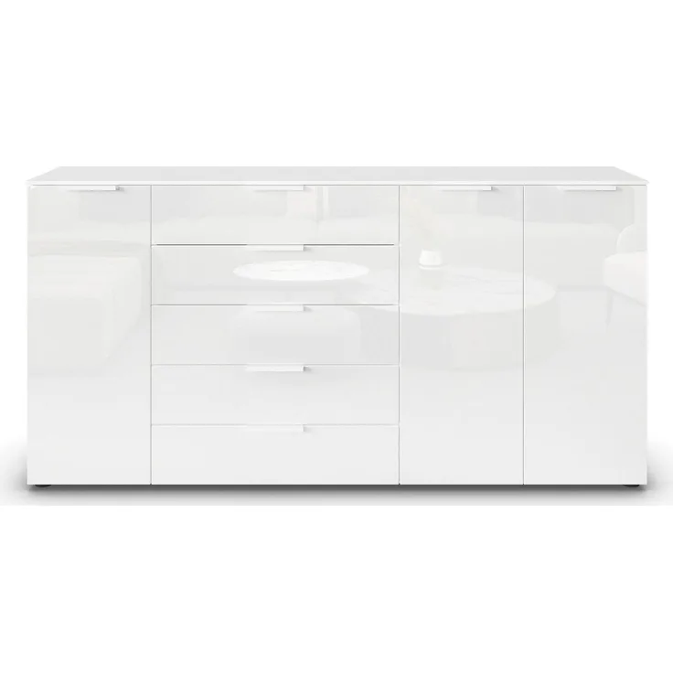 Rauch Möbel Flipp, Kombikommode, Kommode mit Stauraum für Wohnzimmer, Schlafzimmer, Flur, 4 Fachböden, Alpinweiß/Glasfront Weiß, 3-türig, Glastüren, 5 Schubkästen, Griffe weiß, 199 x 100 x 42 cm