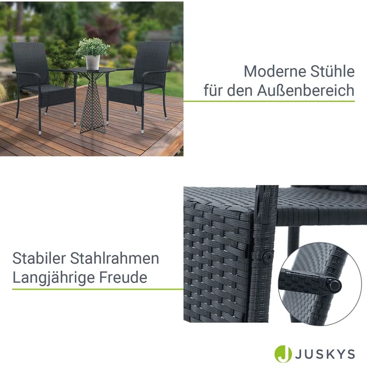 Juskys Polyrattan Gartenstühle Yoro 2er Set - mit Armlehnen & Rückenlehne - 2 Stühle stapelbar - Rattan Stuhl Garten - Stapelstuhl Schwarz – Bild 3