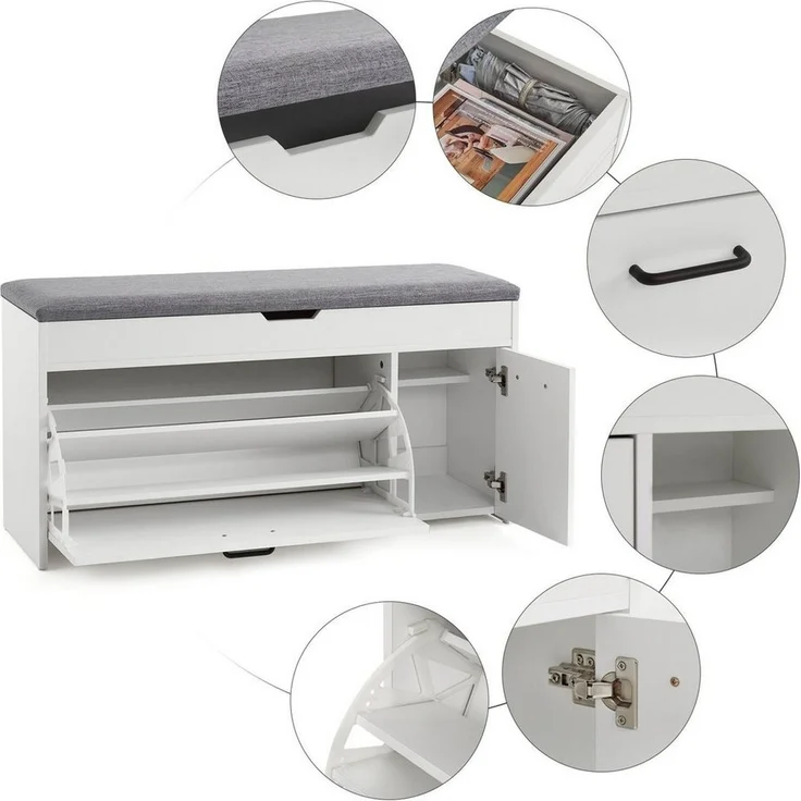 Mondeer Schuhbank Schuhhocker, mit Sitzfläche, mit Klappschublade, 100 x 30 x 52 cm, Weiß + Grau – Bild 3