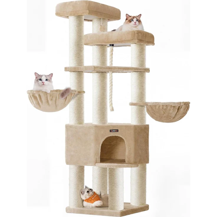 Feandrea Kratzbaum groß, mehrstöckiger Katzenbaum, XXL, 55 x 55 x 186,7 cm, 11 cm d Dicke Sisalstämme, für große Katzen wie Maine-Coon-Katze, Katzenkratzbaum, Kamelbraun PCT008K101