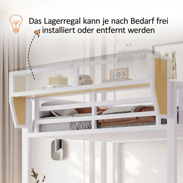 ZUBALIYA Hochbett 140 × 200 cm, Metall, LED-Beleuchtung, Leiter, Weiß – Bild 13