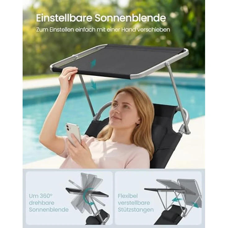 Sonnenliege, klappbarer Liegestuhl, 193 x 53 x 29 cm, max. Belastbarkeit 150 kg, mit Sonnenschutz, Kopfstütze und Verstellbarer Rückenlehne, für Garten, Pool, Terrasse, Schwarz, 1 Liege – Bild 5