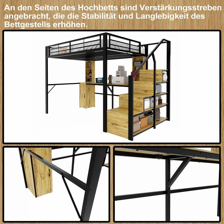 EINHOM Hochbett aus Metall, 140 x 200 cm, mit stabiler Eisenkonstruktion, praktischem Schreibtisch, Ablagefächern, Schrank, Stauraum-Treppe und USB-Ladeanschluss am Tisch – ohne Matratze, in Schwarz – Bild 2