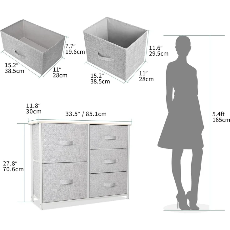 YITAHOME Kommode,Kommode mit 5 Schubladen,Schrank,Stoffschubladen mit Griffen,Metallgestell,für Wohnzimmer Flur Schlafzimmer,Dauerhaft,Hellgrau – Bild 3