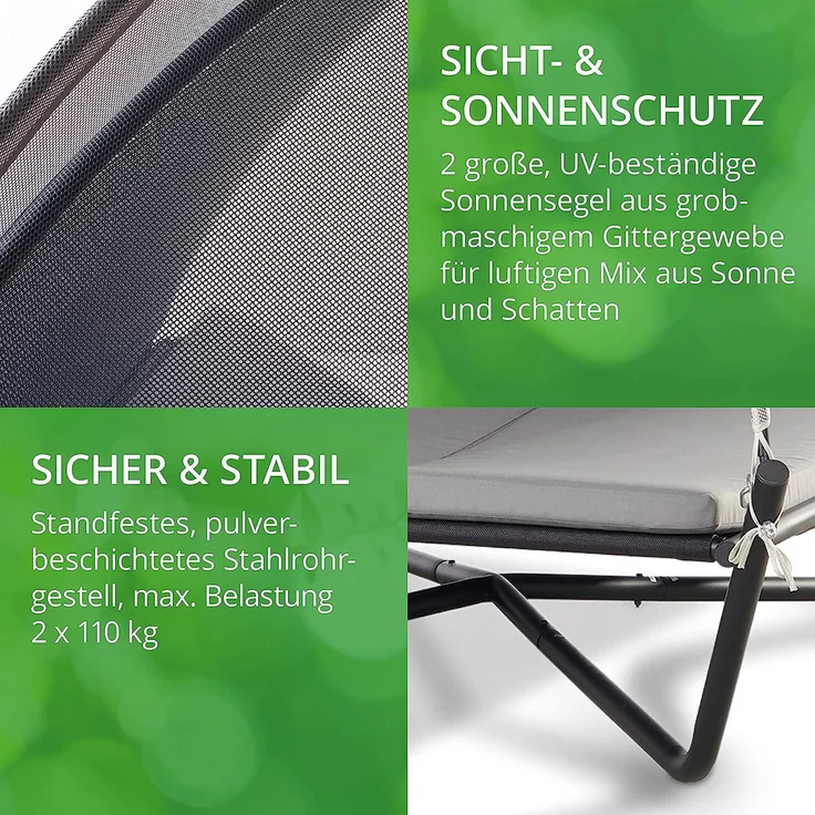 Leco Sonnenbett "Sydney", Garten-Doppelliege mit verstellbarer Rückenlehne und Sonnedach, Anthrazit/ Hellgrau, 254 x 190 x 195 cm – Bild 6