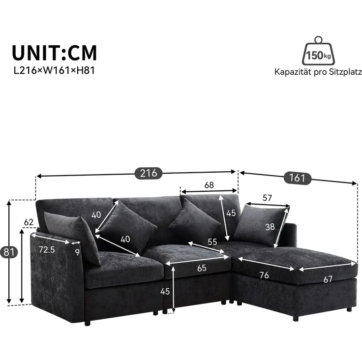 DESVIAE Sofa modular mit beweglichem Hocker 216x81x161 cm Chenille Grau – Bild 10