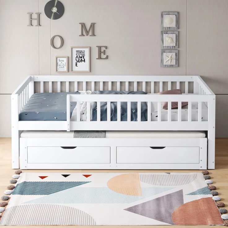 EINHOM Massivholz-Schlafsofa 90 x 200 cm, Vollverkleidetes Sicherheitsgitter, Ausziehbares Bett mit 2 Schubladen Darunter, mit Lattenrost, Kinderbett Jugendbett Gästebett Erwachsene, Weiß (Ohne Matratze) – Bild 4