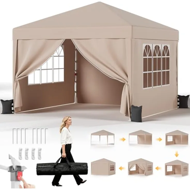 JUMMICO Pavillon 3x3 Wasserdicht Stabil Winterfest Höhe Verstellbar,Faltpavillon mit 4 Seitenwänden,Pavillion UV Schutz 50+,Gartenpavillon Faltzelt für Garten, Innenhof, Camping,Gazebo Beige