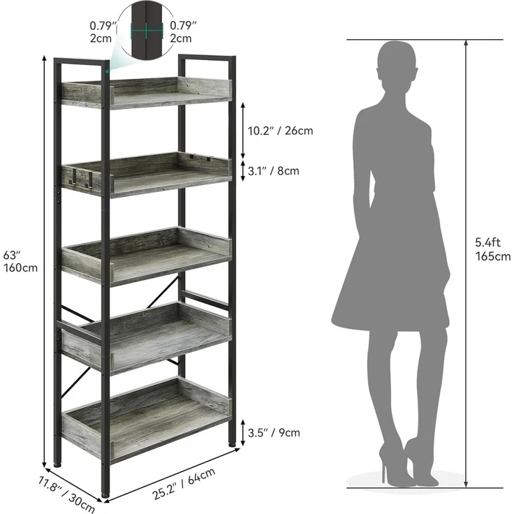 YITAHOME 5-stöckiges schmales, hohes Bücherregal, offenes Bücherregal mit 4 Haken, industrielles Lagerregal für Wohnzimmer, Home Office, graues freistehendes Regal – Bild 2
