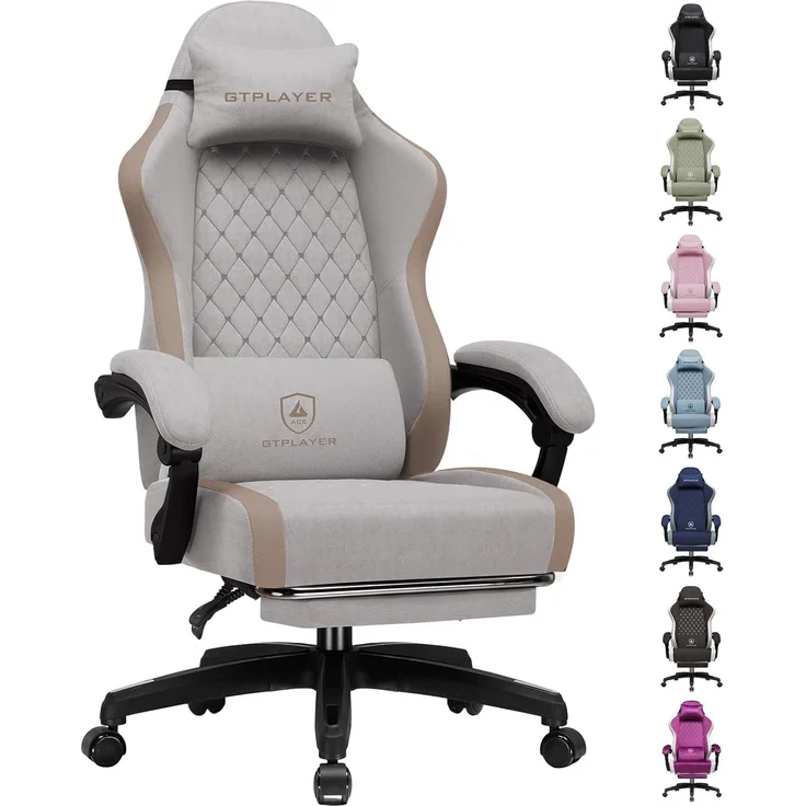 GTPLAYER Gaming Stuhl Ergonomischer, PC Stuhl Atmungsaktiver Stoff, Groß und Hoch Drehbarer Schreibtischstuhl mit Fußstütze,Verstellbare Lendenwirbelstütze und Kopfstütze,Hellbraun – Bild 1