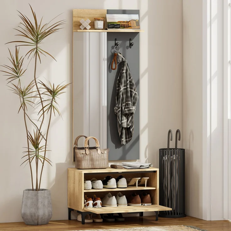 MELAYR, Garderobenset für Eingangsbereich, Schuhbank, Spiegel, 3 Haken, Offenes Regal, 60 x 13.5 x 127.5 cm, Naturholz – Bild 3