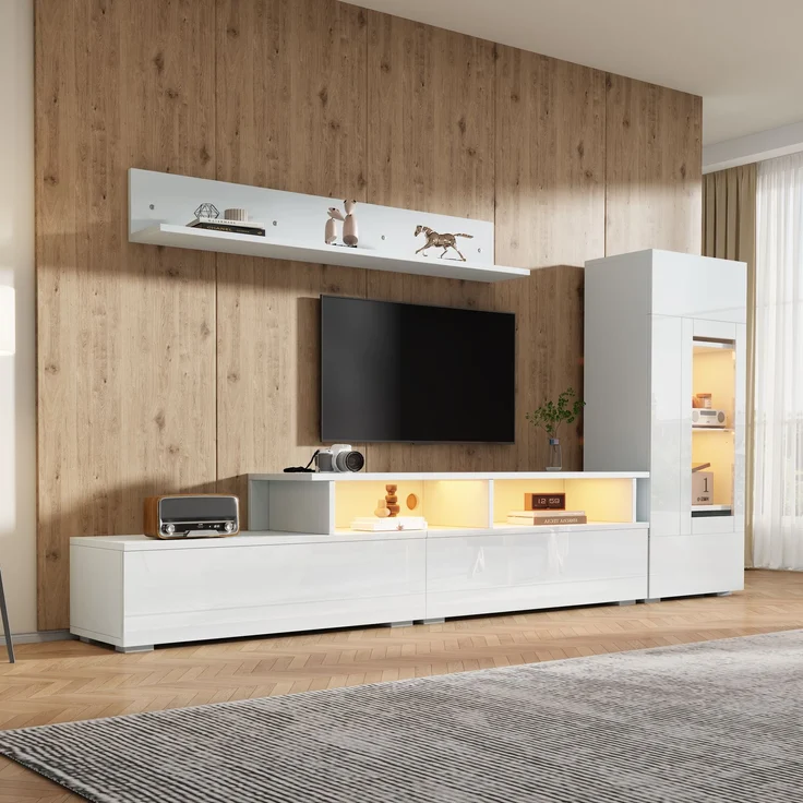 TV Wohnwand Set 3-teilig LED Beleuchtung Hochglanz Wohnzimmer Möbel Set Frontale Wohnwand 1 x TV Schrank, 1 x Wohnzimmer Vitrine, 1 x Hängeregal, TV bis 75' Weiß--Weiß--130x46x15.49cm--YOUDENOVA – Bild 5