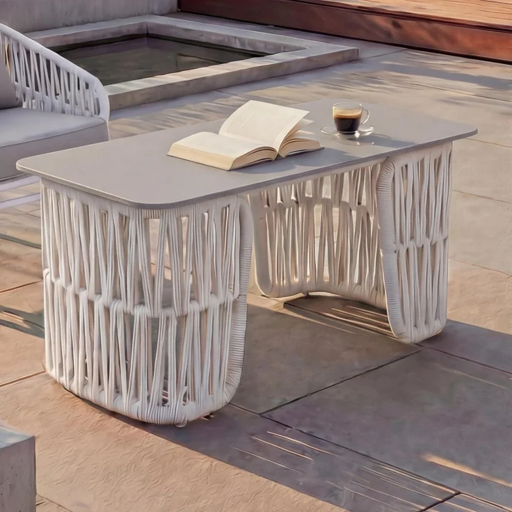 Loungetisch HWC-P90, Gartentisch Balkontisch Outdoor, Seilgeflecht Rope Sinterstein 43x90x45cm ~ hellgrau, Platte grau – Bild 1