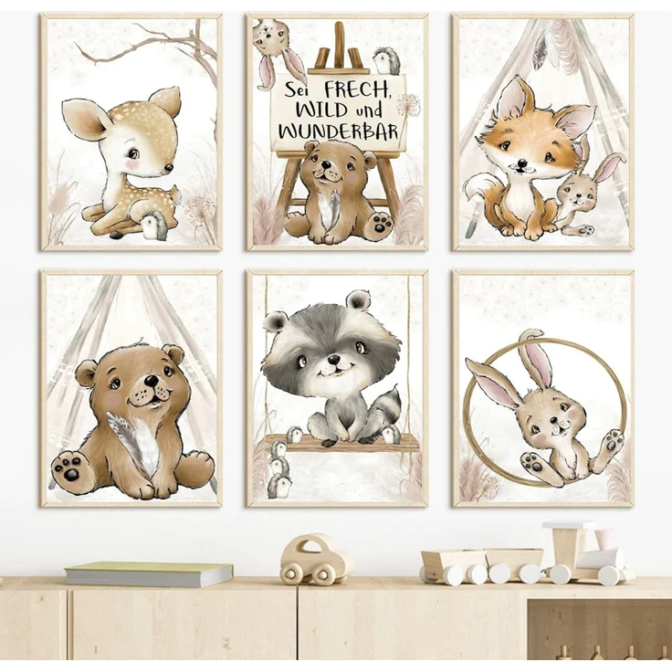 Poster Kinderzimmer Bilder Tiere Bär Reh Fuchs Hase und Spruch sei Frech wild und wunderbar als Deko Print ohne Rahmen - 40X50cm / 6 – Bild 1