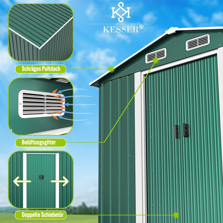 KESSER® XL Metall Gerätehaus 4,2m³ mit Fundament | inkl. Arbeitshandschuhe | 195 x 131 x 186 | 2x Schiebetür & Fundament | Geräteschuppen | Gartenhaus Schrank | Satteldachdach Garten Schuppen Grün – Bild 2