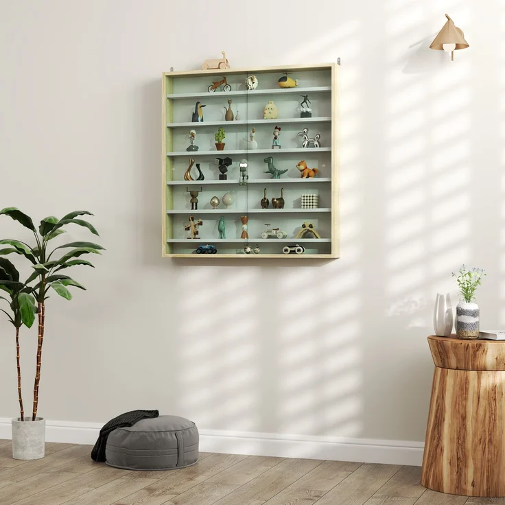 Wandvitrine für Sammlerstücke, 80 x 9,5 x 83 cm, 6 höhenverstellbare Böden, 2 Glasschiebetüren – Bild 9