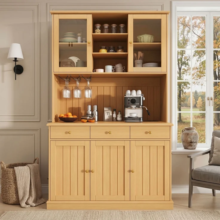 Buffetschrank 120 x 40 x 191 cm aus Spanplatte mit Glastüren, Schublade, Gläserhalter und Steckdosen – Bild 3