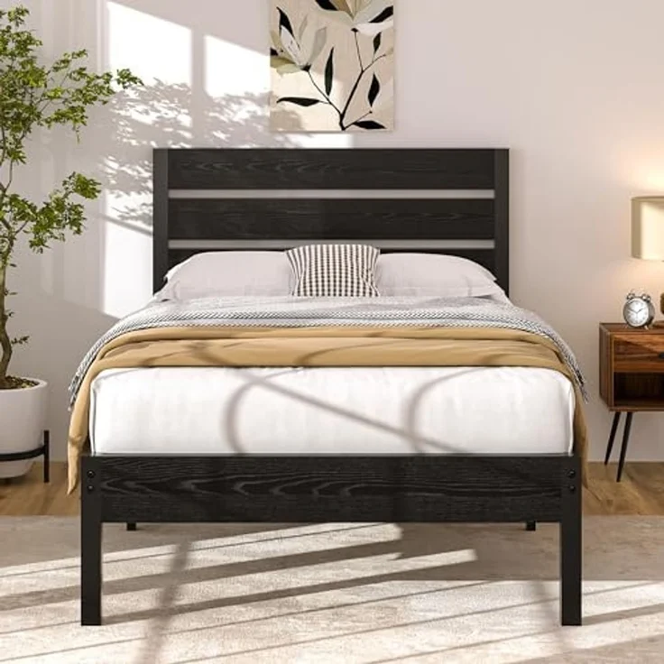 VECELO Bettgestell 90x200 cm, Metallbett mit Dick Holzkopfteil und Lattenrost, Doppelbett mit Stauraum unter dem Bett, perfekt für Schlafzimmer, Schwarz – Bild 1