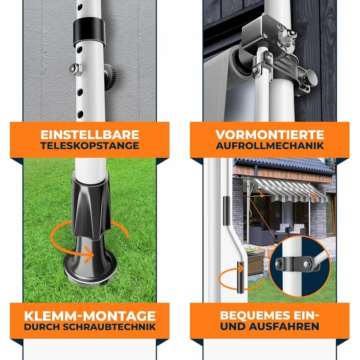 KESSER® Klemmmarkise mit Handkurbel & LED Lichterkette | Balkonmarkise ohne Bohren | Markise UV-beständig höhenverstellbar & wasserabweisend | Sonnenschutz für Balkon Terrasse & Garten Weiß / Grau, 400cm – Bild 4