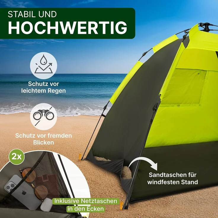 EXPLORER XXL Automatik Strandmuschel mit UV Schutz 80+ [220 x 150 x 130 cm] kleines Packmaß leicht und schnell in Sekunden aufgebautes Strandzelt Sonnenschutz Muschel automatisch Windschutz grün – Bild 5